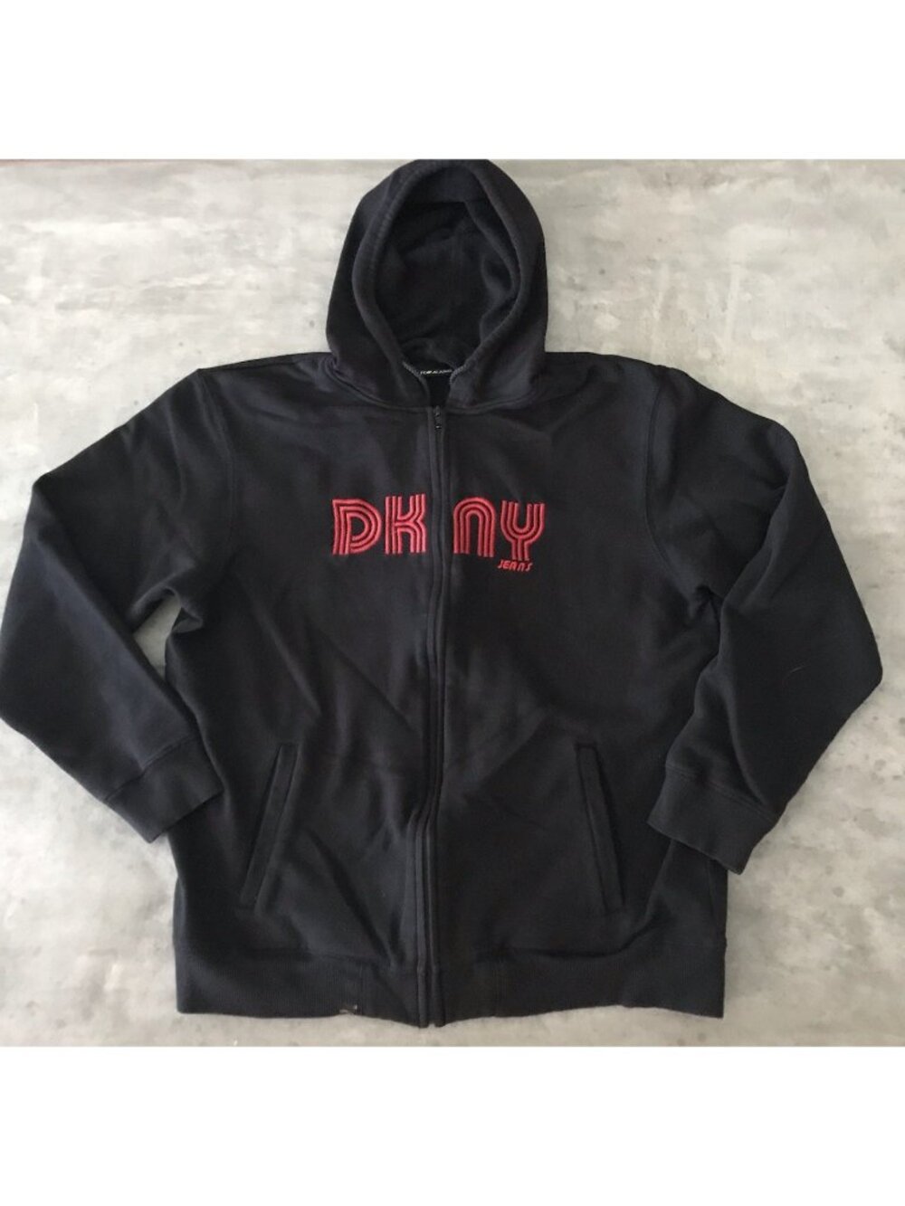 Y2K DKNY Jeans Hoodie Mens Large Full Zip Black Red Sweatshirt Grunge Streetwear